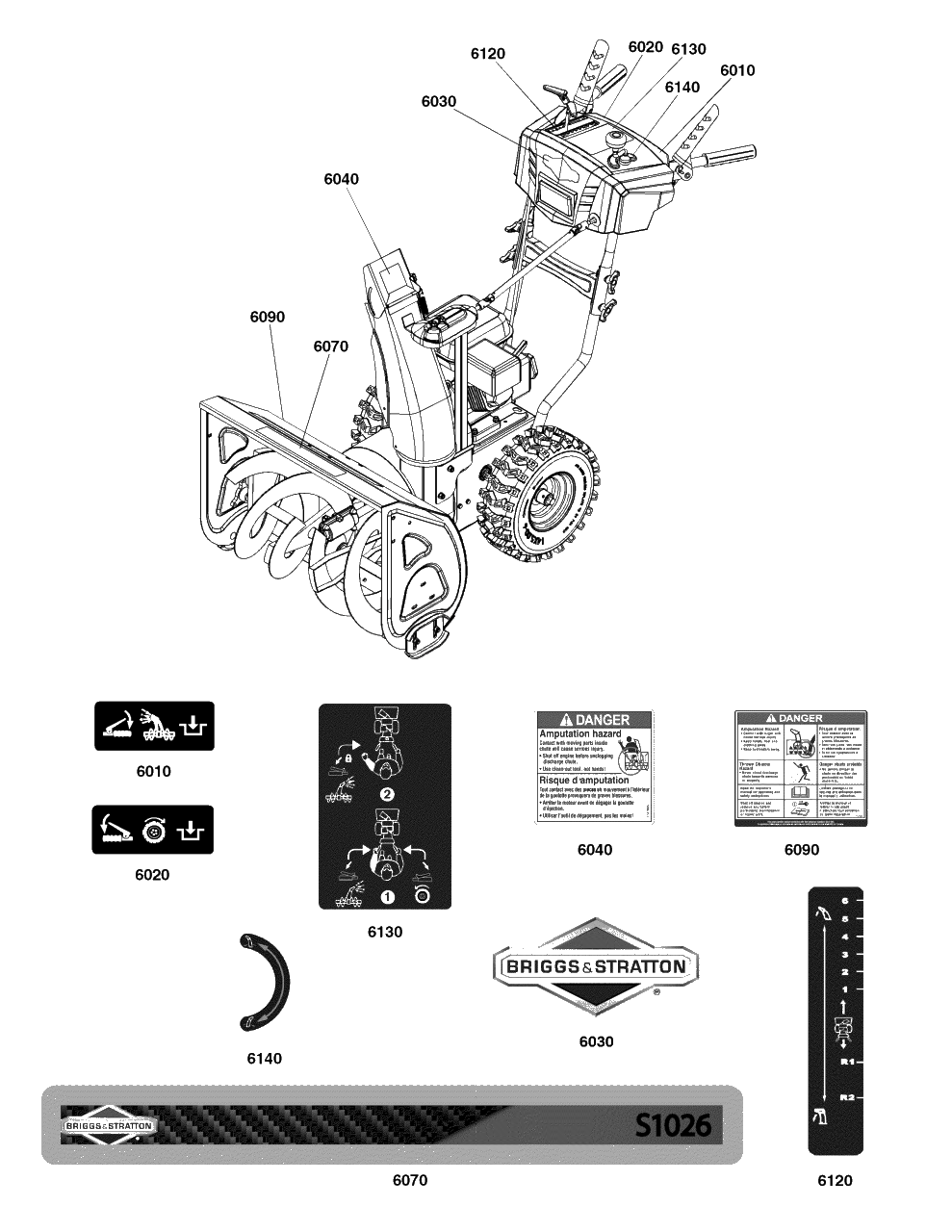 Decal Group Diagram and Parts List for S1026 (1697330-00)(2020) Briggs and Stratton Snow Blower